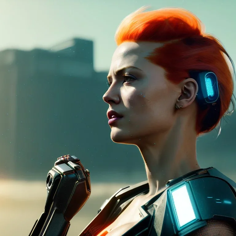 A beautiful portrait of a cyberpunk woman with lot's of grain on her skin red head with hair flying in the wind cyborg smiling facing camera orange color scheme, high key lighting, volumetric light high details with white stripes and feathers unreal 5, octane render, cinema4d, dynamic lighting, dramatic lighting, 4k, redshift render, highly detailed, hyper realistic