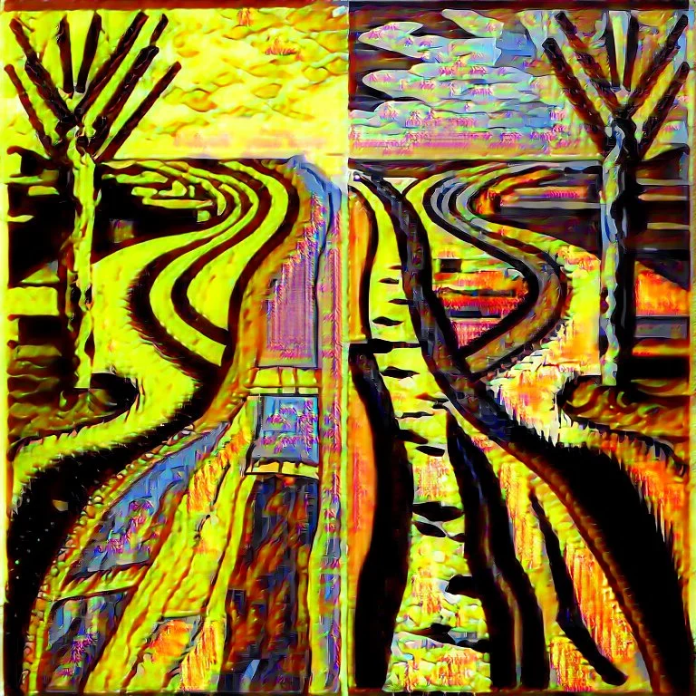 two roads diverged , art, acrilyc colors, bright,, picasso, masterpiece