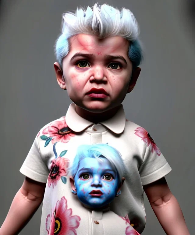 Pedro almodovar toddler, full body, white hair, floral shirt, dramatic lighting, hyper realistic