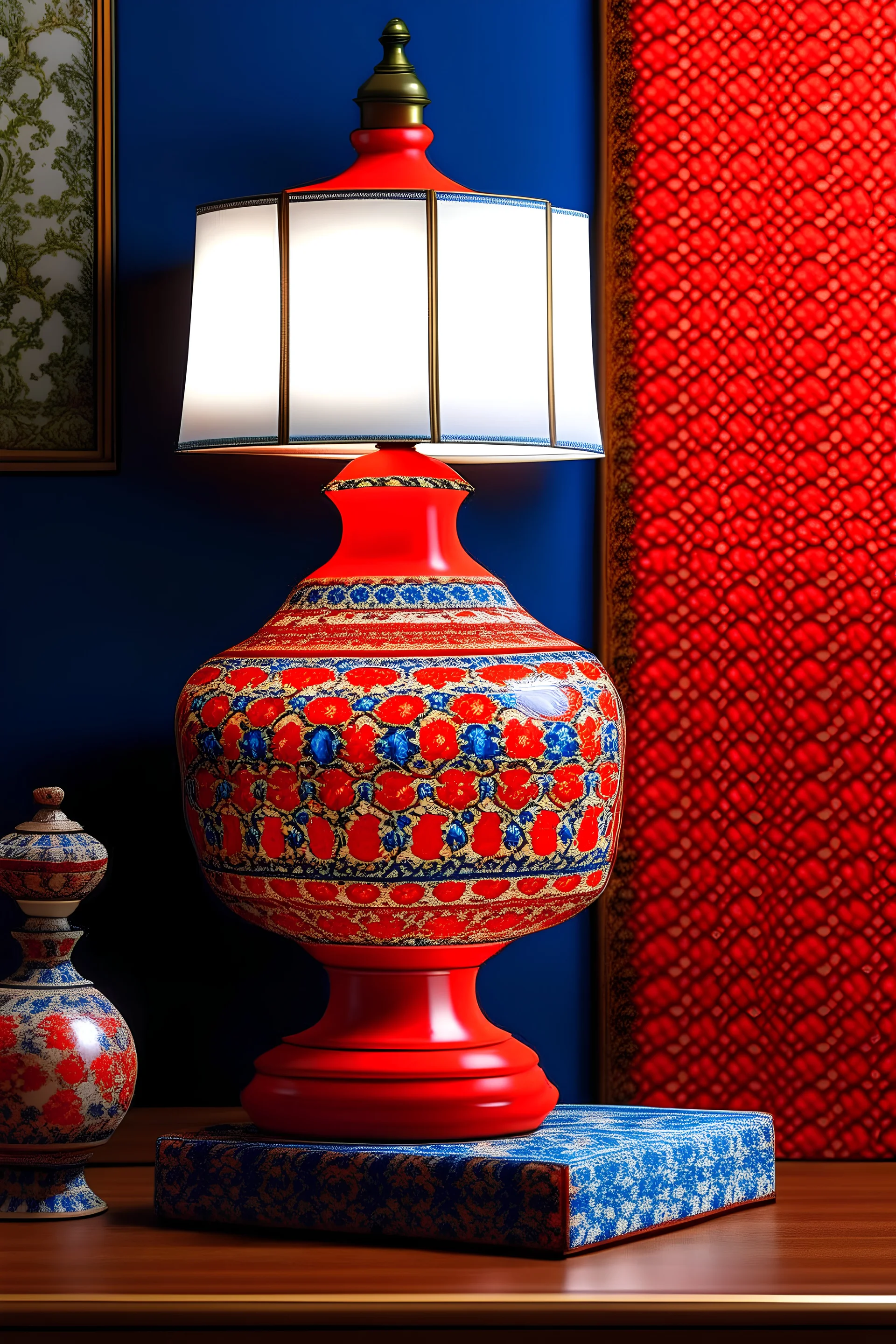 Portuguese tiles pattern ceramic vase with a red big lampshade