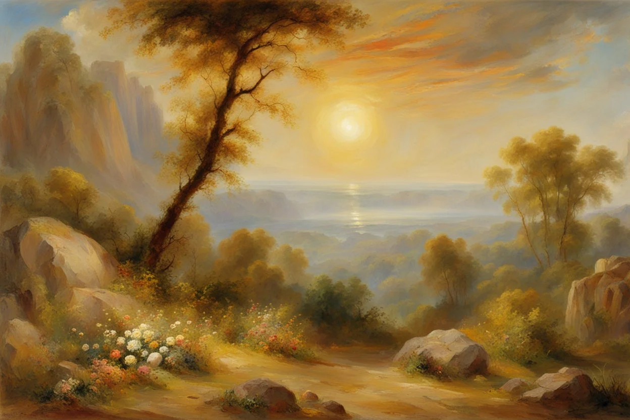 sunny day, clouds, rocks, trees, mountains, flowers, william turner paintings