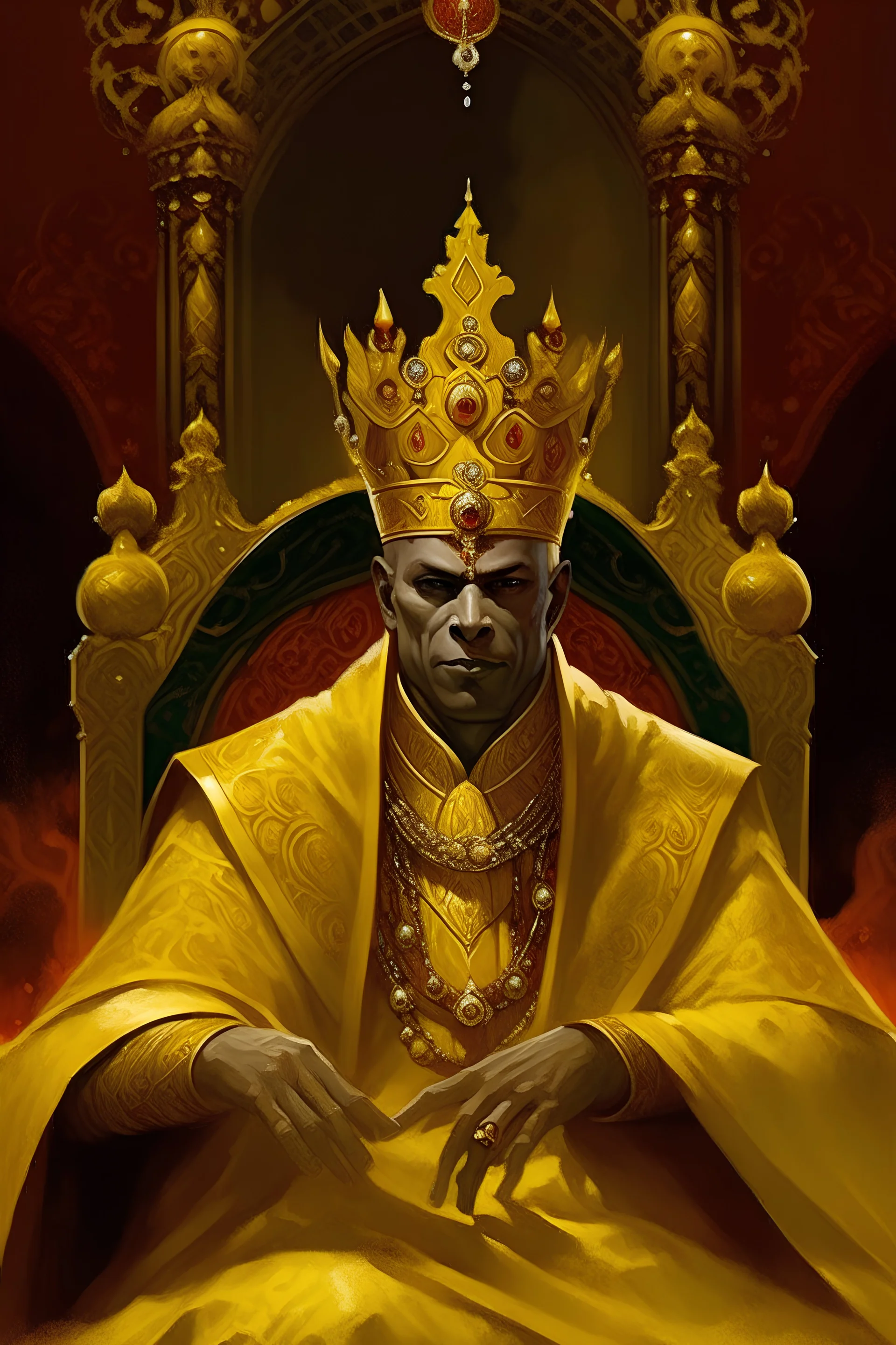 A captivating portrait of a mysterious king clad in vibrant embellished yellow robes, sitting majestically on his Gold throne. He wears a magnificent seven-pointed crown, and his face is obscured by an eerie, all-white, slick mask that accentuates his regal air. Draped over his shoulders is a liturgical crimson stole adorned with intricate esoteric symbols, adding to the otherworldly atmosphere. His head is lightened by a bright divine halo. His hands wearing yellow velvet gloves carry a small b