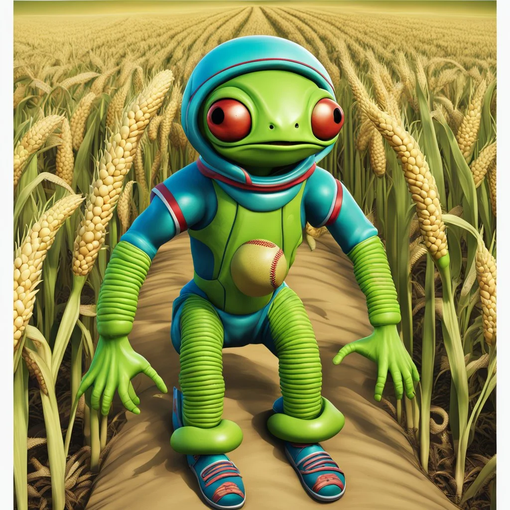 full body portrait of whimsical detailed photorealistic extra-terrestrial alien baseball player coming out of a cornfield, colorful whimsical quirky green bug-eyed Alien wearing baseball uniforms; hyperreal digital art, cinematic lighting : perfect anatomy : perfect gear : extraordinarily_detailed