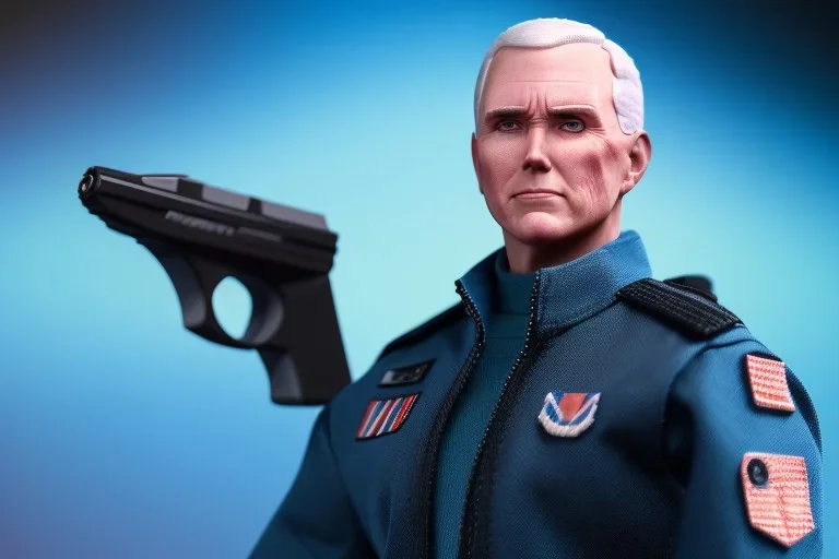 Portrait of Mike pence g.i. joe toy figure With a Laser gun space force Blue fabric uniform, fluorescent orange, whole body wide view, black boots full body