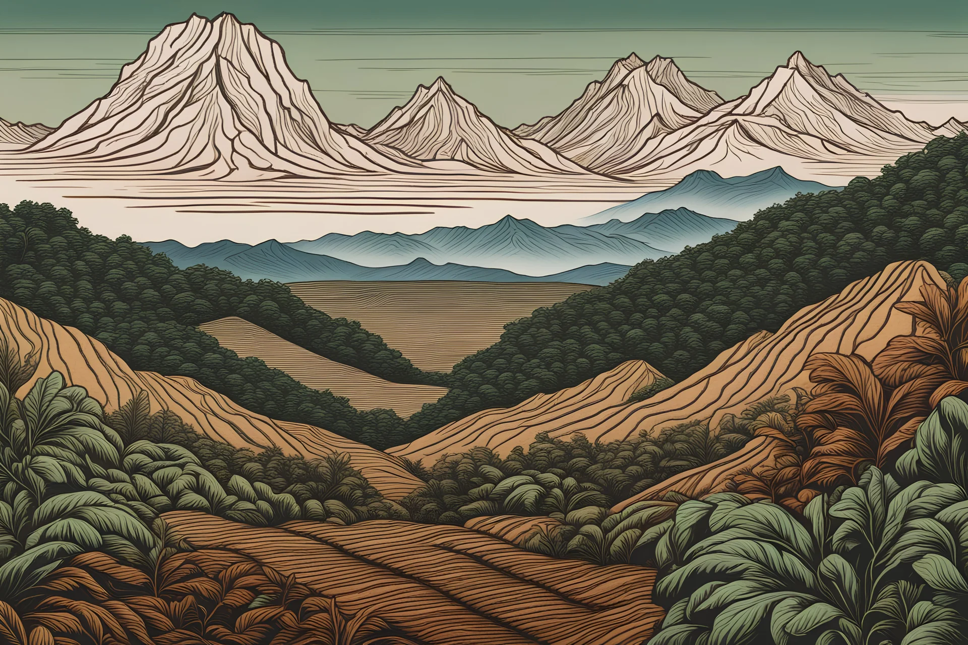 coffee farm, mountain background, woodcut, modern art, art, 8k, detailed, ultra sharp, brazil colors, ground, Albrecht Dürer