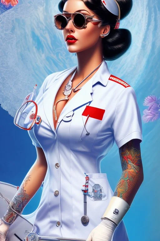 Retro-futuristic intricately drawn nurse Pin up Poster, detailed face. Beautiful woman. big retro sunglasses, body tattooed, bra, stockings, Full body hiphop street wear drip highly detailed, hyper detailed painting, complex, 8K, HD