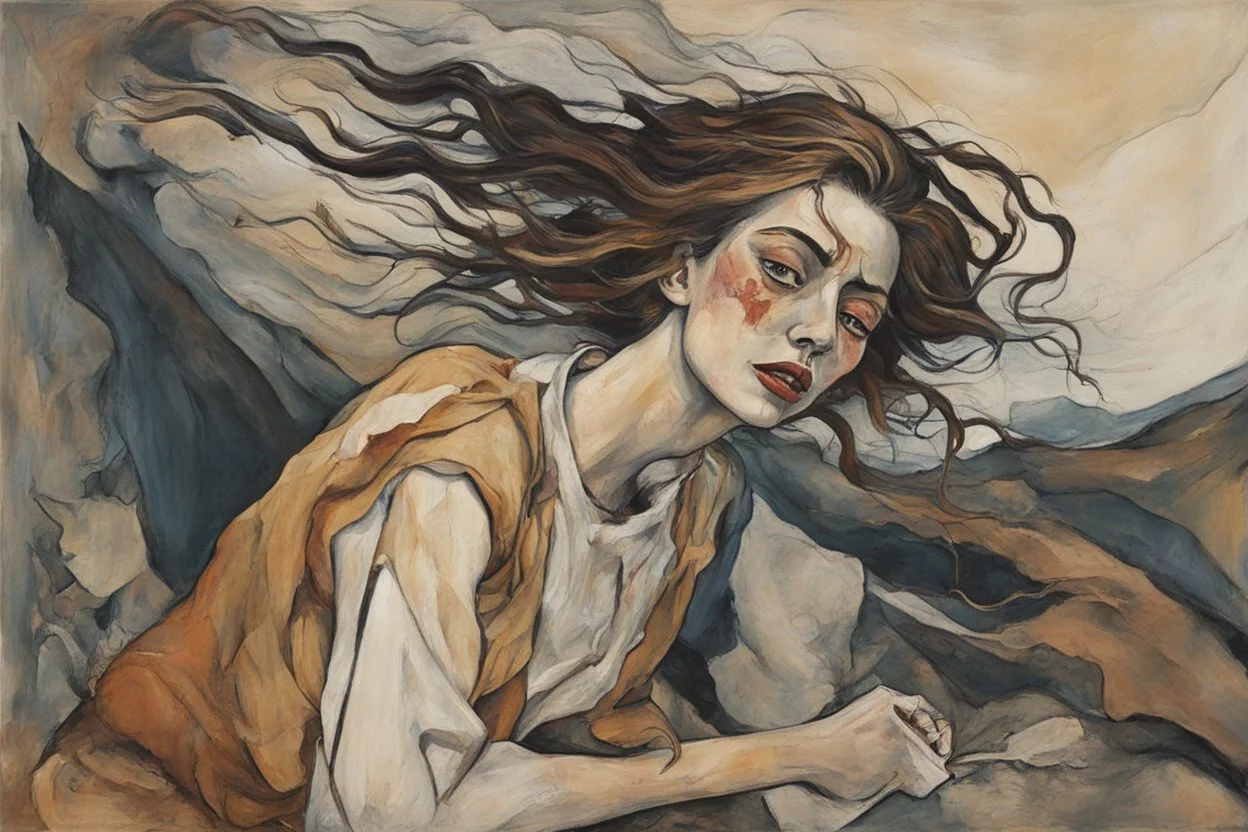 Painting of a wailing Banshee girl, in the Expressionist style of Egon Schiele, Oskar Kokoschka, and Franz Marc, in muted natural colors