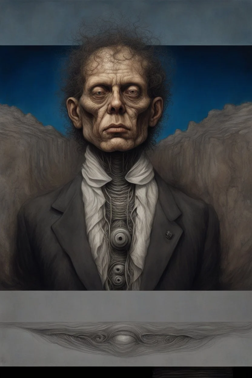 The face of a man with hairy curly head a thin line draw ، front view camera, decayed and rotting with grotesque proportions and imagery. surreal horror, biomechanical design, by hr giger and beksinski , fine lines draw