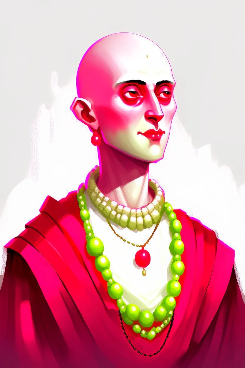 full lengthtall 22-year old, shaved head, grey-eyed female cleric wearing red beads