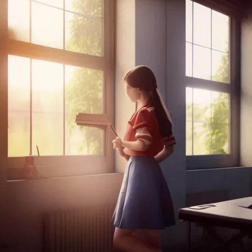 Study girl in classroom by the window ,movie, real photo realistic, unreal engine, cinematic lighting --ar 1:1 creative