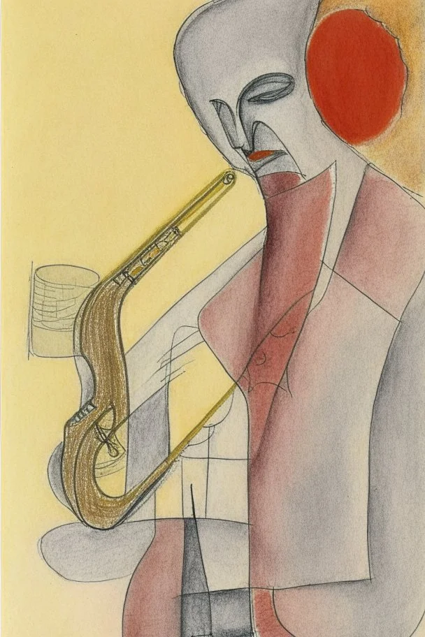 Pencil drawing and watercolour by Barbara Hepworth and Paul Klee grey and gold and red of a man playing the saxophone