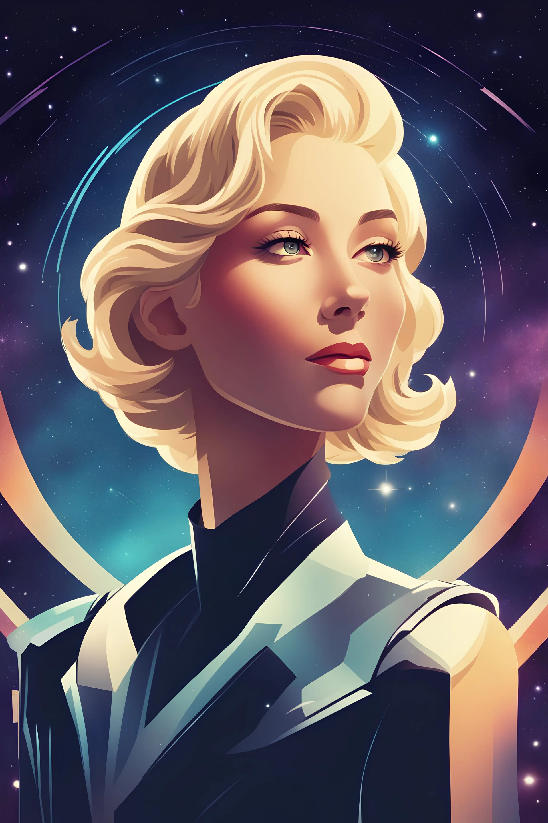Create profile silhouette portrait of blonde androgynous woman shoulder length face looking happy, retro futuristic style, galaxy background, Art Deco 2d