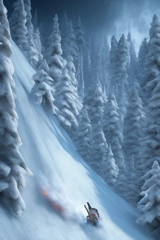 Man on skees trying to escape the avalanche coming down a the slope. Intense action with a sense of stress. High resolution 3d, 8k, trending on artstation. The snow in the background is overwhelming and the air is thick like smoke.