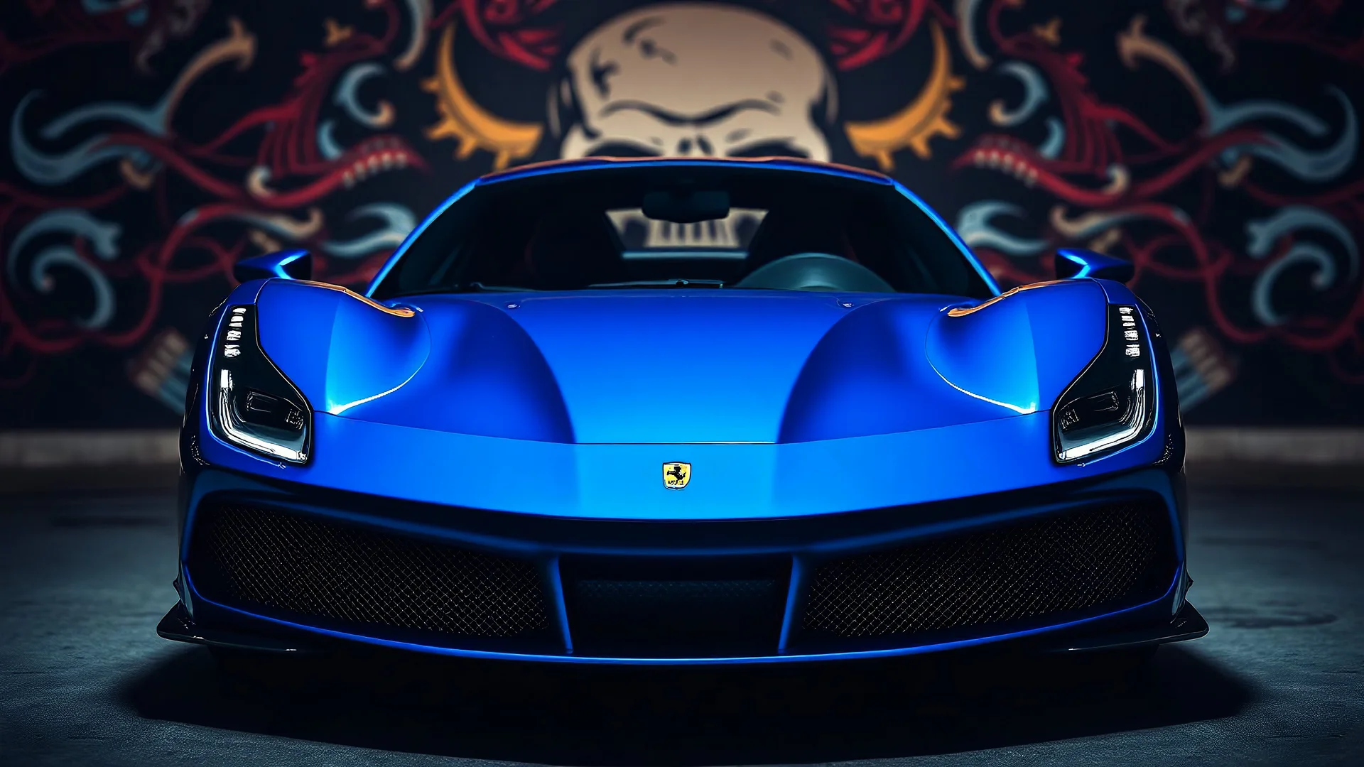 Ferrari, metallic blue, trippy Skull graffiti for the background, front view, dark, Ferrari, supercar, 488GTB, cool, beautiful, wallpaper, beautifully lit