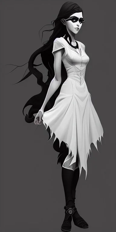 black and white young woman old dress tentacles for legs wides played eyes