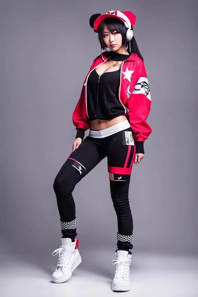 a cute full body shot of anime adult lady wearing hip hop dance clothes standing