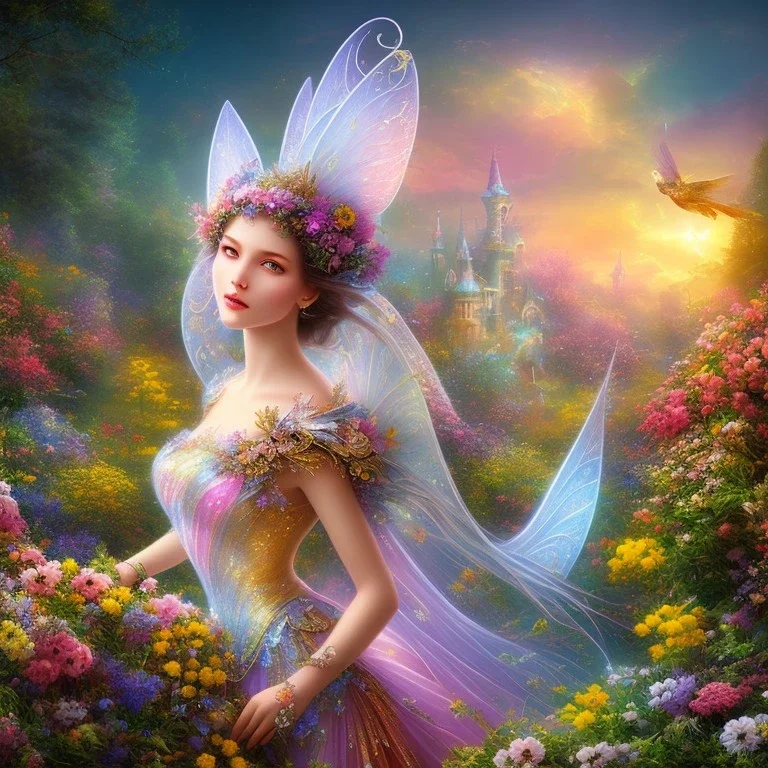 bright fairy, beautiful portrait, flowery landscape