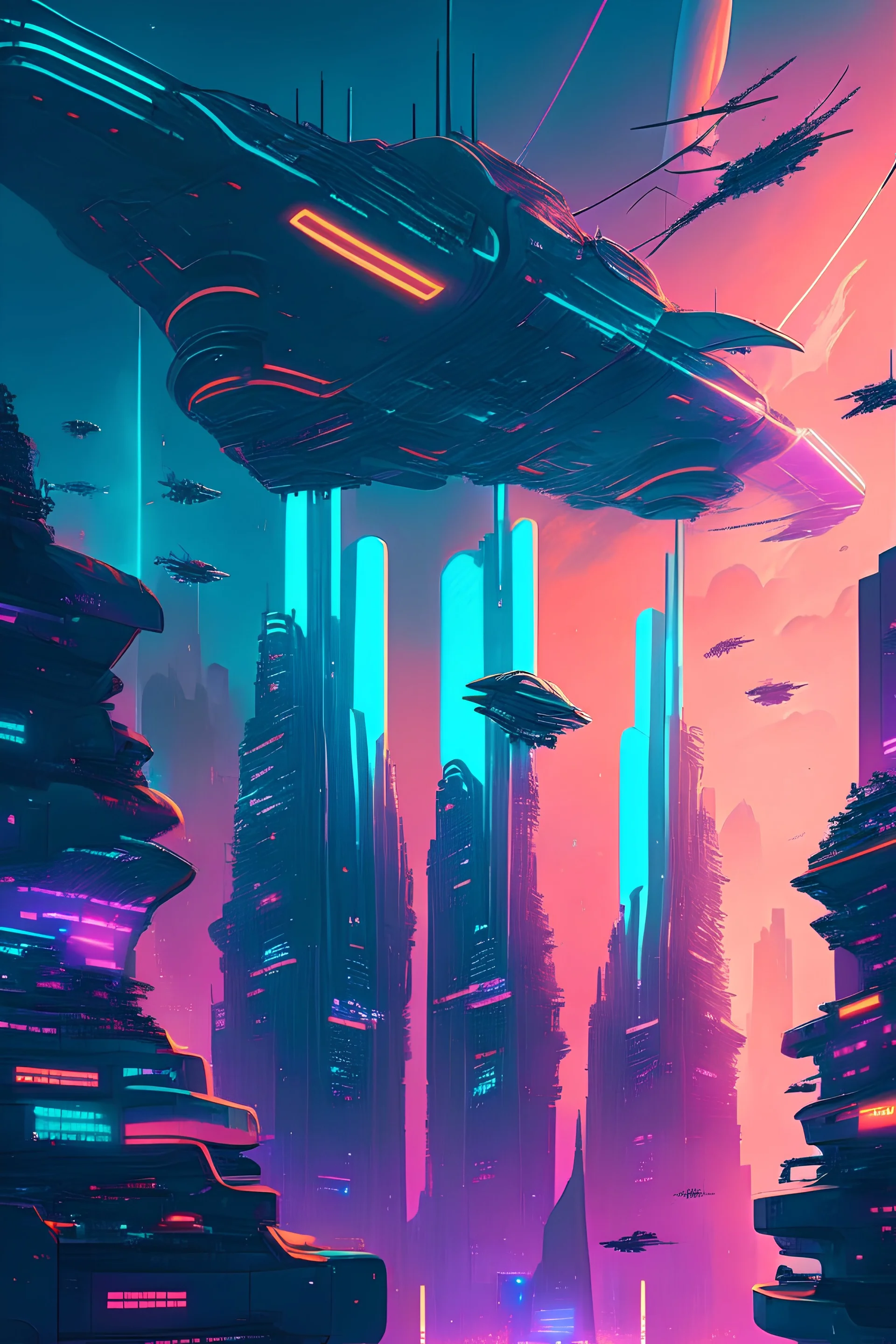 A futuristic cityscape with towering, sleek skyscrapers, interconnected by aerial walkways and bustling with flying vehicles, set against a vibrant, neon-lit sky.