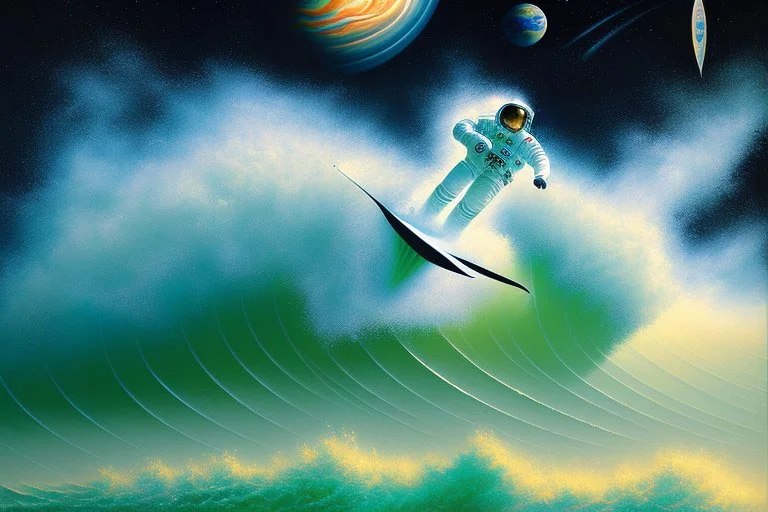 astronaut surfing in Jupiter waves, art style by Bryen Frost inspired by Marta Vilarinho de Freitas, focus on subject, flat, vector illustration, urban sketch expressionist style oil painting, smooth post-impressionist impasto acrylic painting, thick layers of colourful textured paint futuristic futurism noir