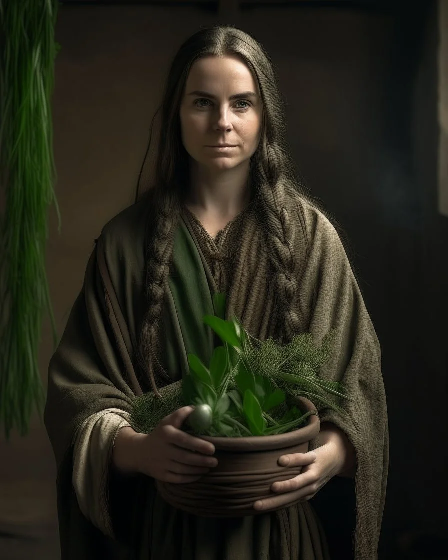 Kind-faced female healer with long braided brown hair and warm green eyes. Simple practical robes in earth tones. Carries herbalist satchel with plants. Gentle expression, compassionate demeanor. Medieval fantasy setting, soft natural lighting.