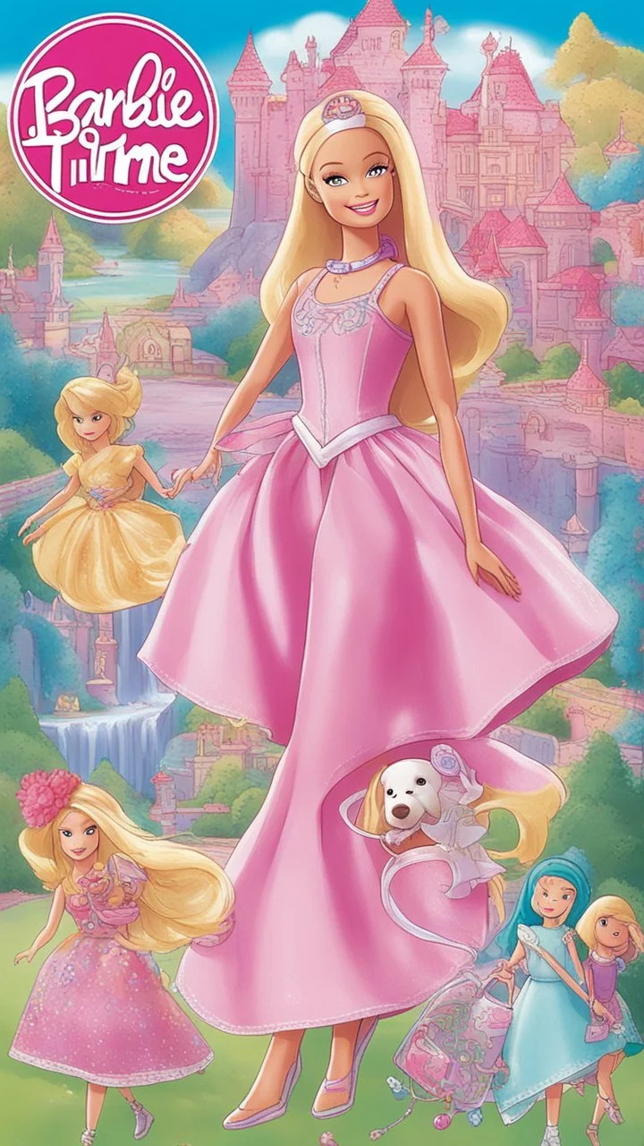 Create a vibrant and whimsical cover for Barbie's Adventure Time, a fun-filled activity book for all the dreamers out there! Barbie, dressed in her signature pink attire, is depicted embarking on a magical adventure, surrounded by lush landscapes, enchanted forests, and sparkling castles.