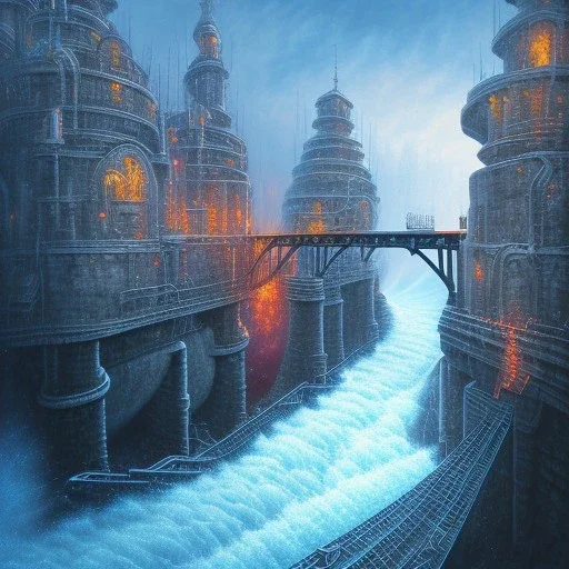 spray painted fantasy art, book illustration, close up on big wolf wizard,the stairs of a bridge or dam ,icy water, on the bridge,evening, birds eye view