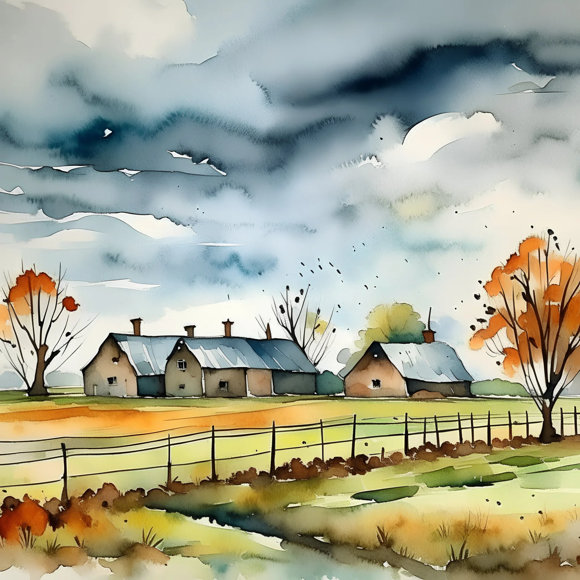 November cloudy gloomy rainy day at the farm, loose watercolor style