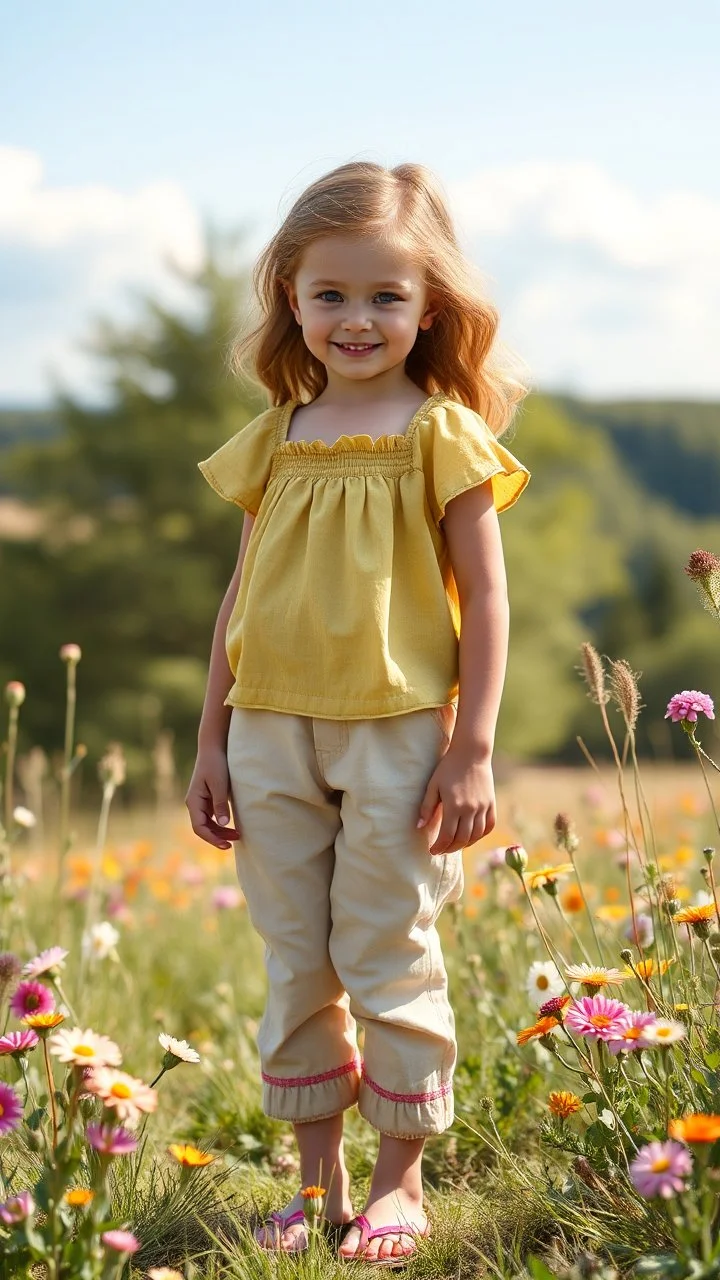 cartonish child lady in pretty top and pant,standing in country side with flowers,trees.