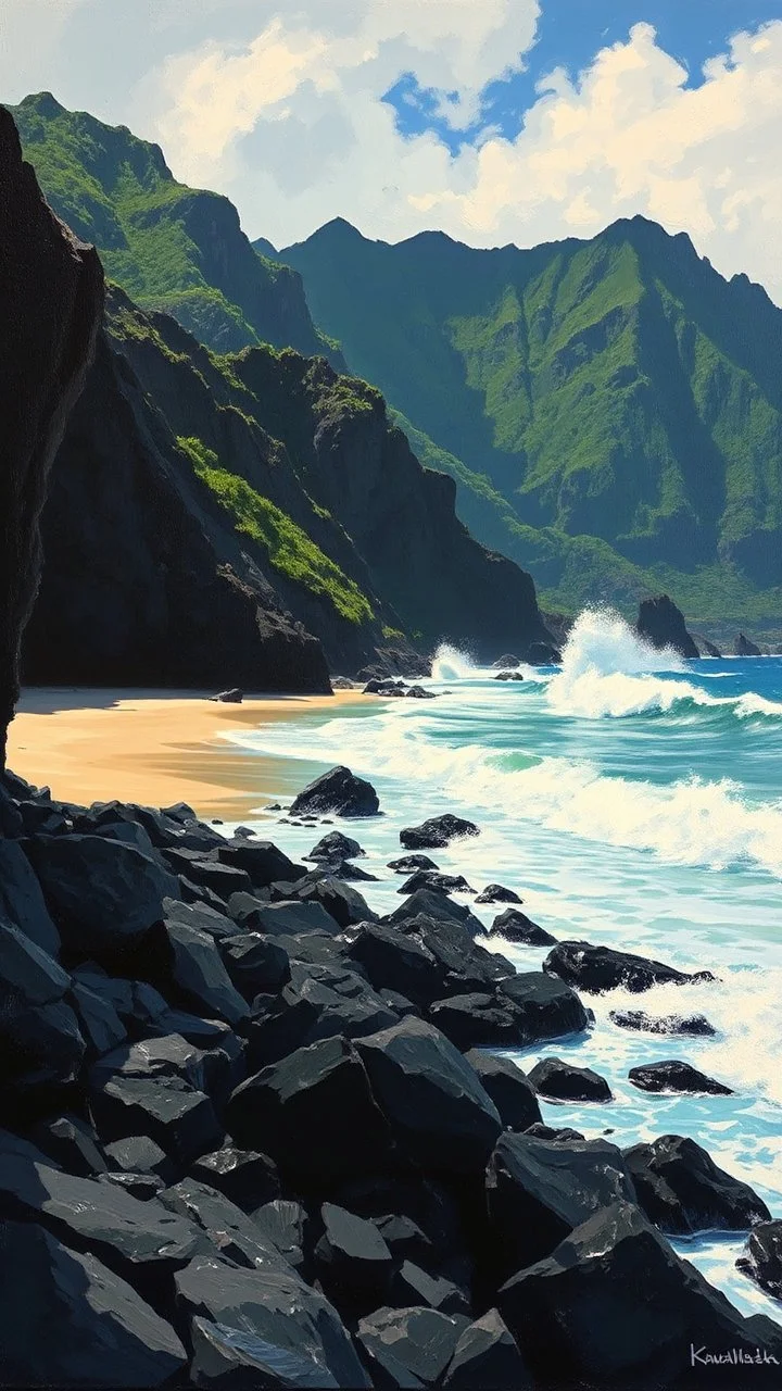 Hidden Beach, Kauai, Hawaii : A secluded beach on the north shore of Kauai, with lush green mountains rising from the ocean. The waves crash against the rocky coastline, creating a dramatic and powerful scene. Use impasto techniques to create a textured, rugged feel for the rocks, and employ chiaroscuro lighting to highlight the dramatic contrast between the dark cliffs a Rocket ready to lunch count down a small smoke