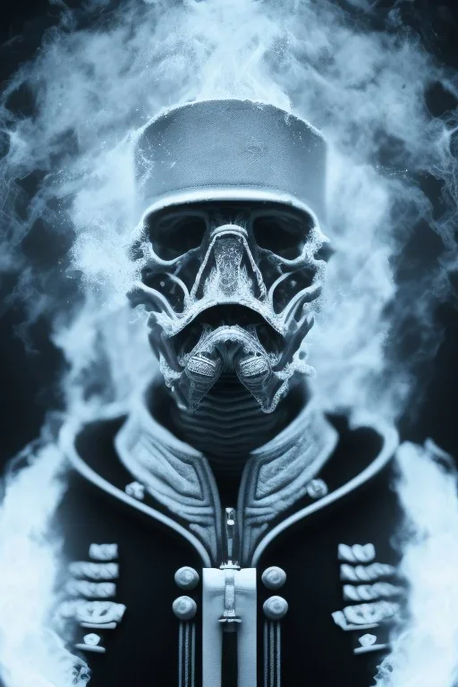 All black German soldier, head made out of white smoke, dark, rage, sorrow, high definition, ultra 8 k, volumetric lighting, blue fire, fog