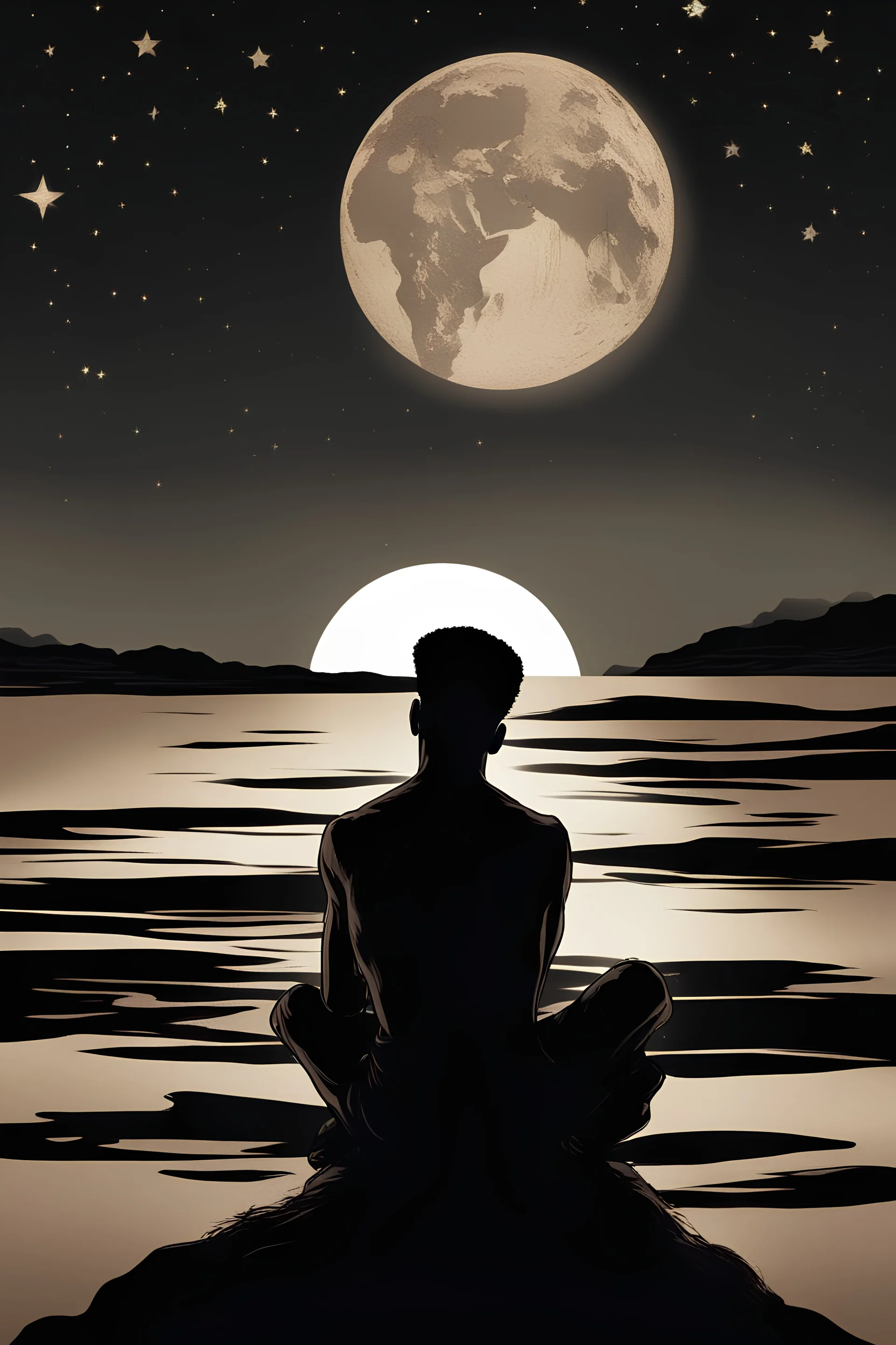 imagine a silhouette of an African man sitting while facing the horizon at the background. Beside him on his right is a lit lattern. He is facing the horizon where the moon has risen and stars are seen from far