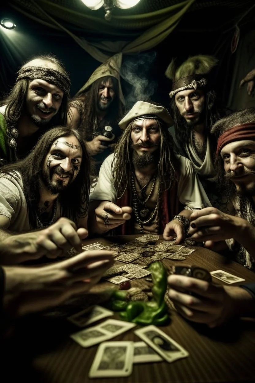 Jesus and some pirates friends smoking and playing cards, davinci. Surreal. Agony face, smile, pain scream. Fish eye lense camera. Perfect composition.