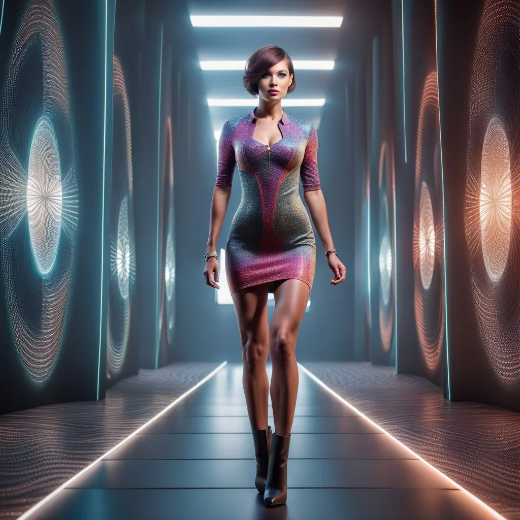 A full-body shot of a beautiful lady wearing beautifull tight pants and pretty color short dress with short boots ,short hair,idle pose in recursive 3d fractal hall