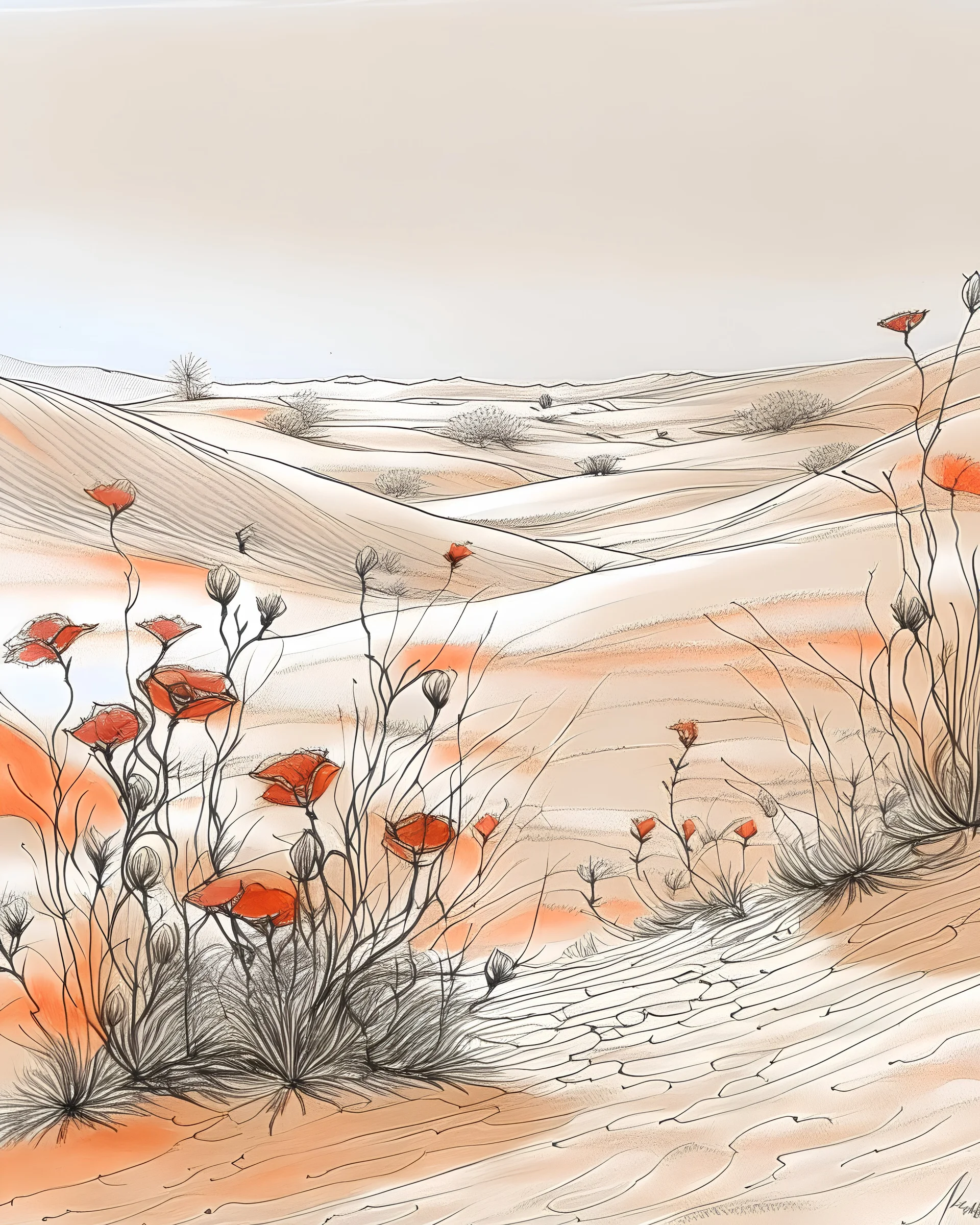 desert, dunes, poppy and hoarfrost, ink drawing