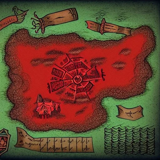 dnd, fantasy, map of the small town, demonic, diagram, map, parchment, illustration, arstation, red colour, black sand, barren desert