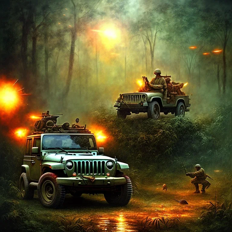 vietnam war. war report. jeep in jungle. bokeh. lens flare. warm lights. high detailed. beksinski