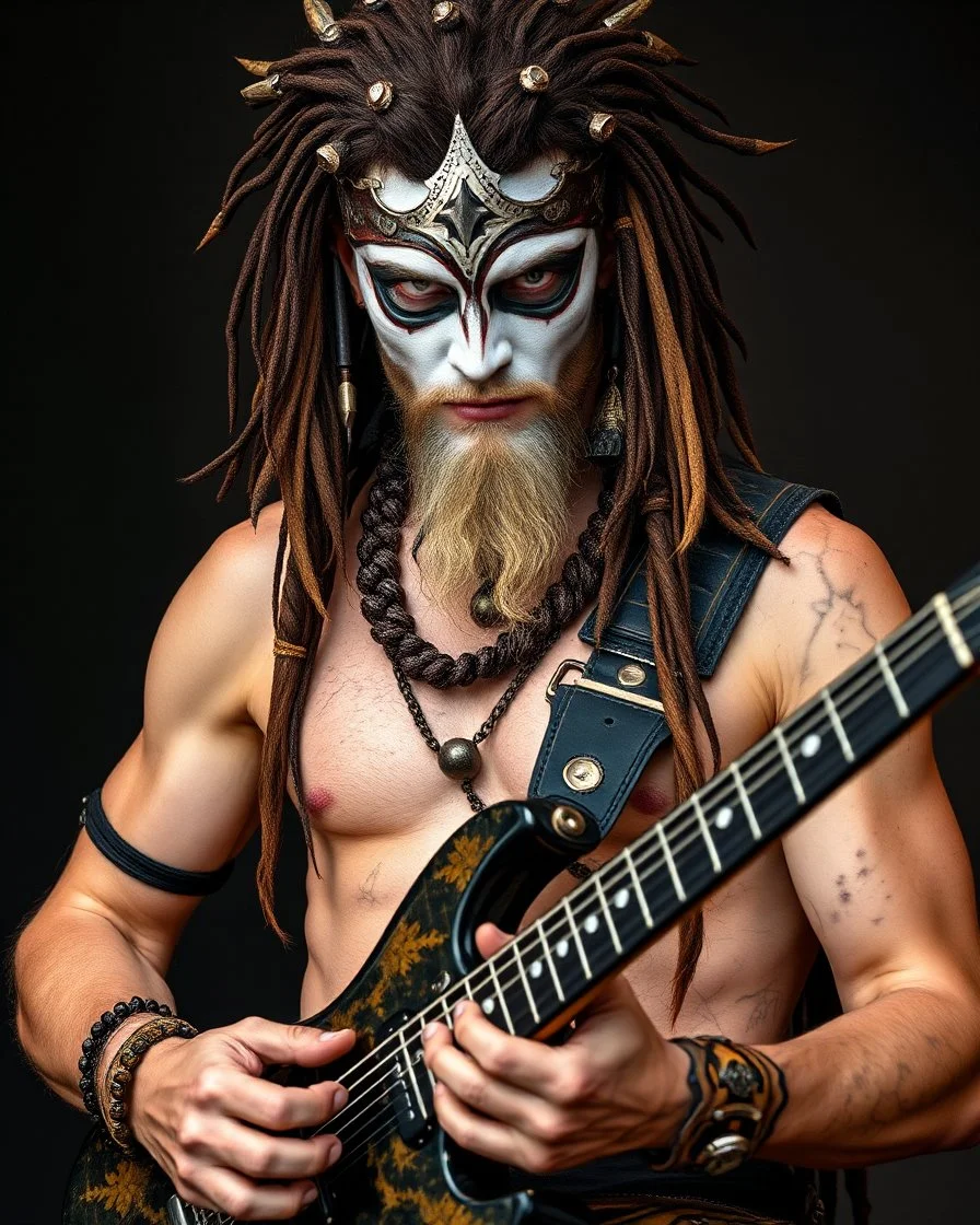A guitar player look like Tribal warrior; White skinned; metal orbs for eyes.