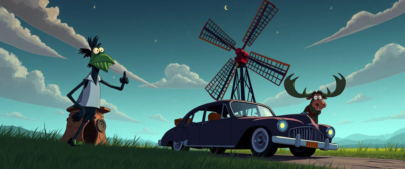 windmill scene from gorillaz music video, with car and moose, cartoon gorillaz guys