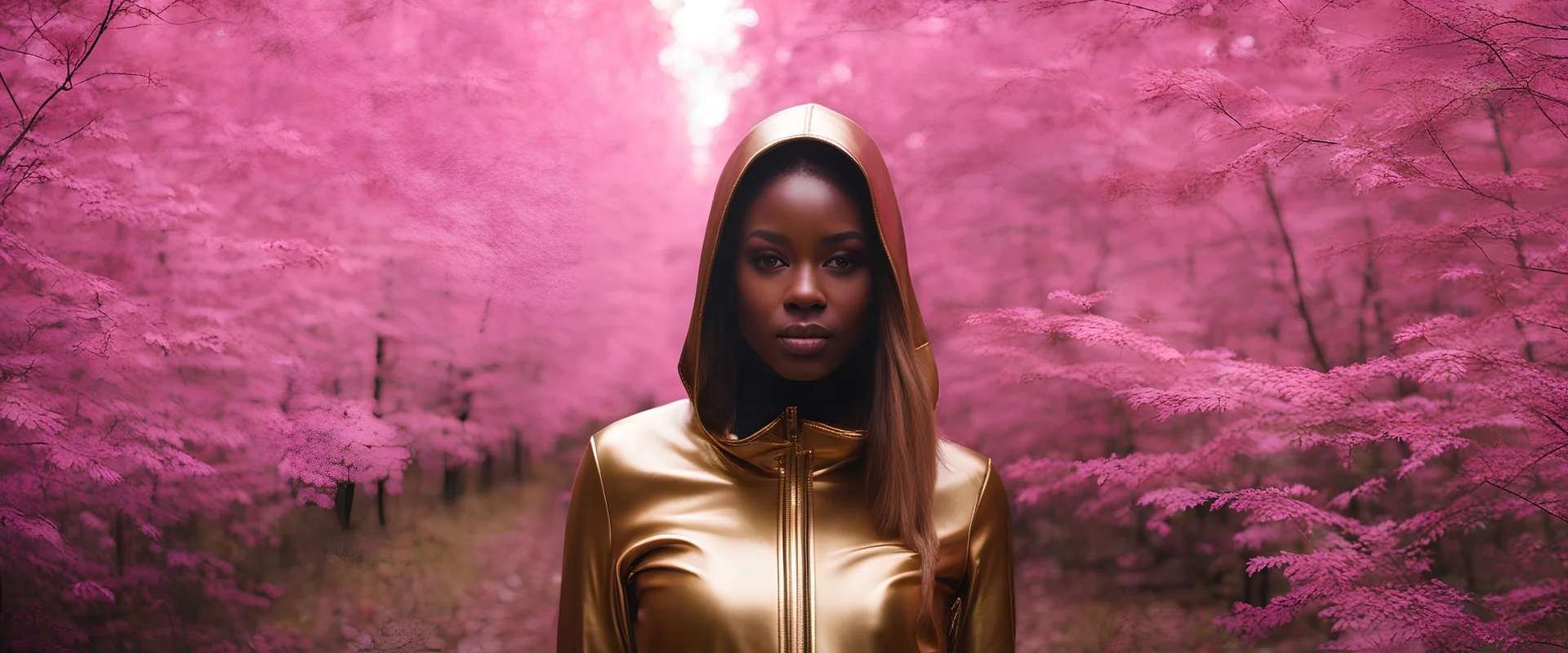 AI in the hood in the leather golden jumpsuit in the pink forest