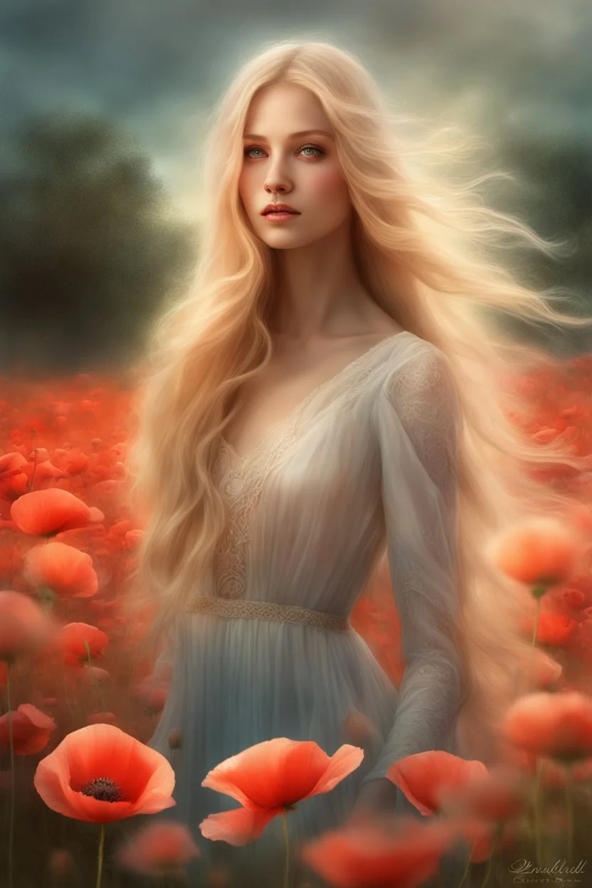 Creëer een mooie realistische Fantasie art, mooie vrouw, standing in a poppy field, in a long dress, long blondes hair,, soft lighting, vibrant colors, ethereal, dreamlike, nature-inspired, romantic, whimsical, fantasy art, detailed flowers, flowing movement, peaceful, enchanting, surreal, atmospheric, natural elements, sunlight filtering through the trees,