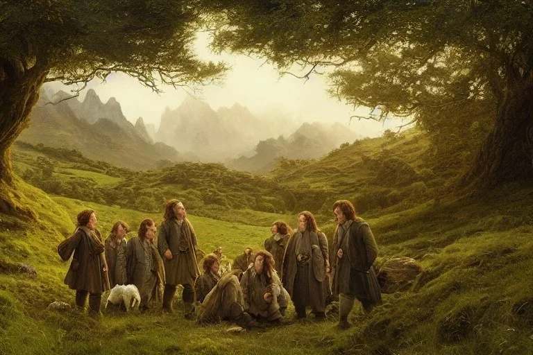 hobbits in the shire scenery landscape, lord of the rings, highly detailed, higly-detailed symmetric faces, perfect lighting, perfect composition, 4 k, artgerm, derek zabrocki, greg rutkowski