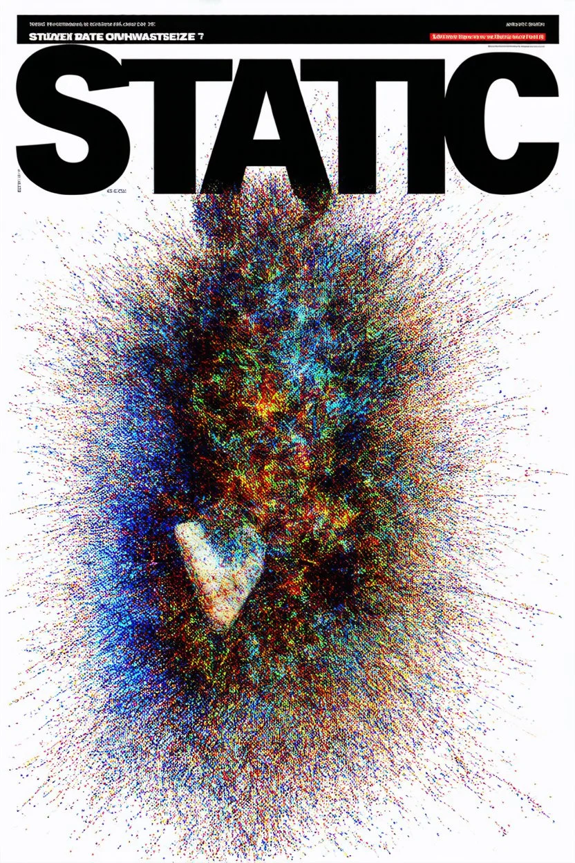 create a satirical STATIC magazine cover, text "STATIC" magazine title, cover is awash in a chaotic static haze, static textures