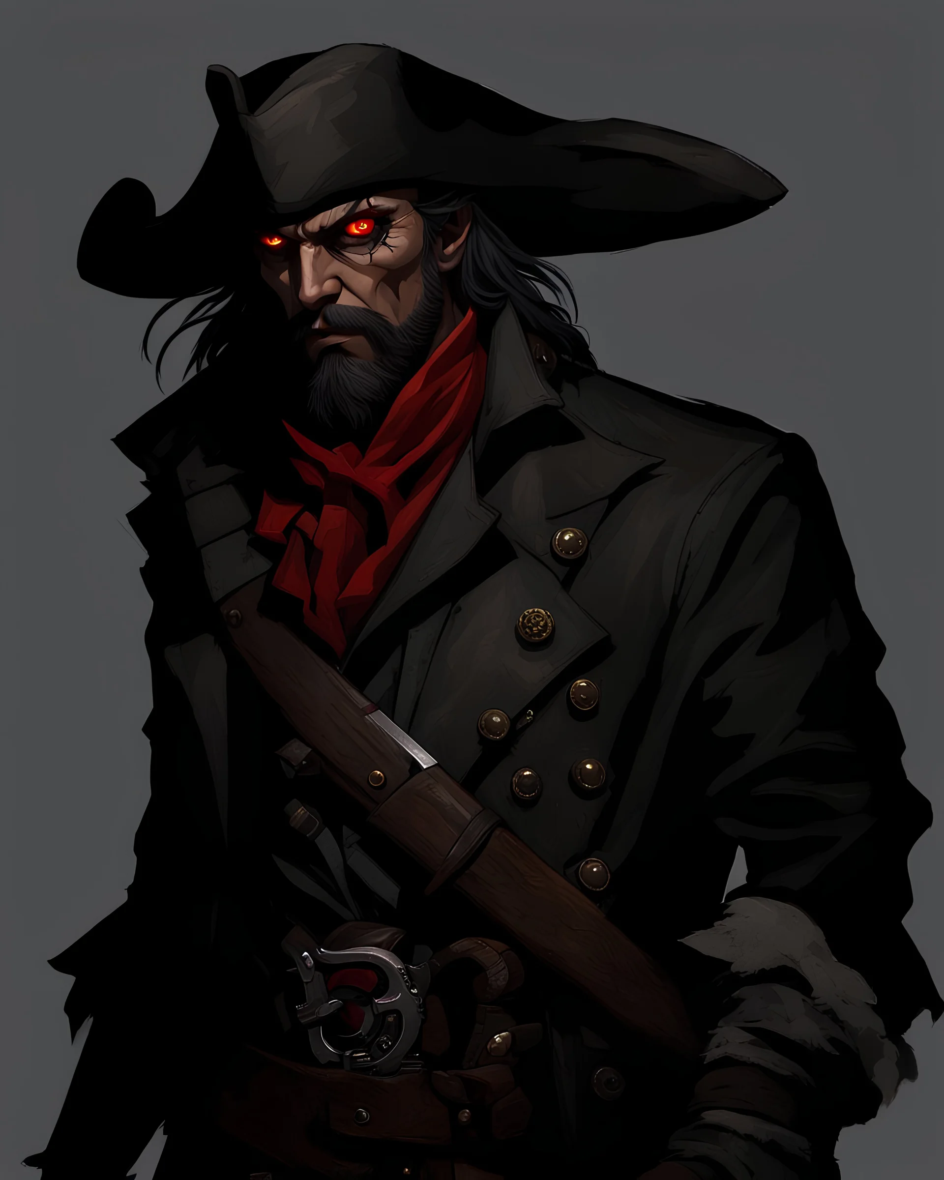 demonic rogue criminal, gunslinger pirate pistol, gray ashen skin, small ram horns, pirate gear, red eyes, black neck length hair, short black beard