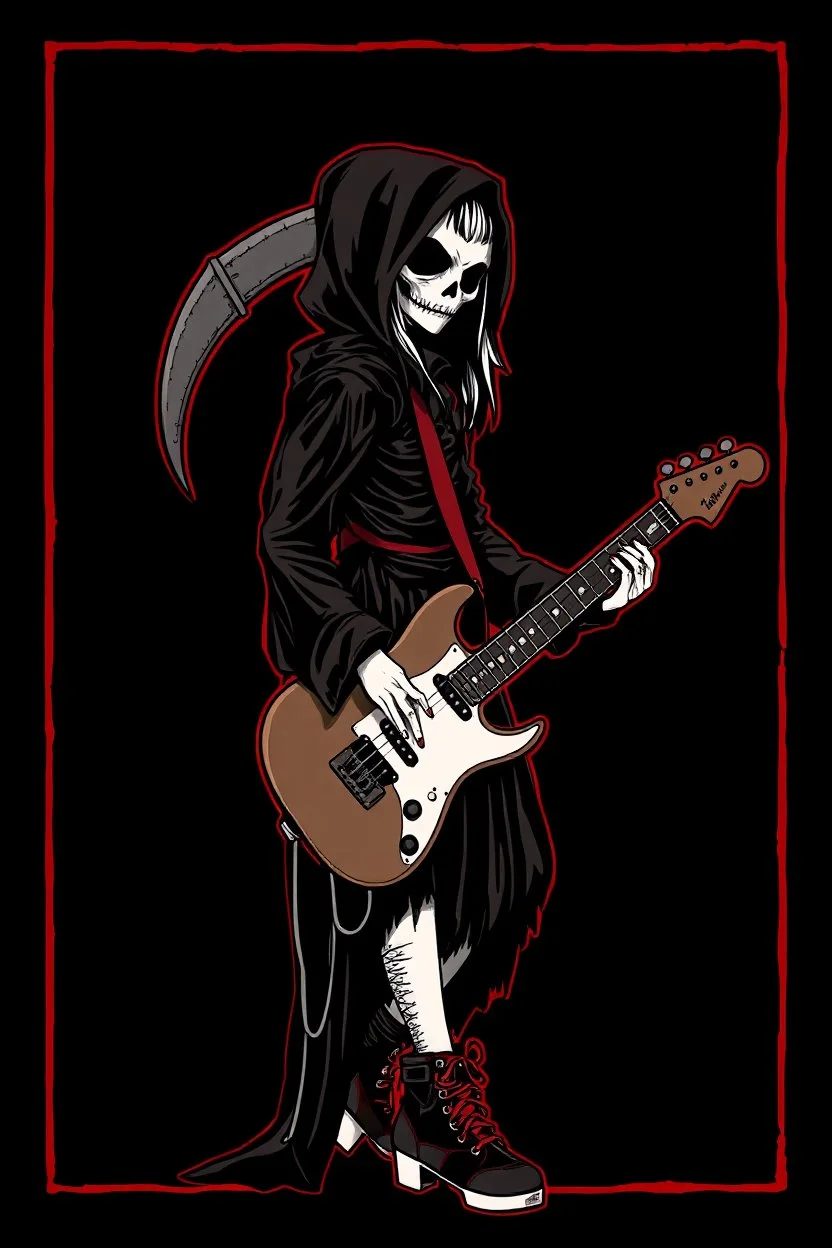goth girl(dressed as the grim reaper) rockin' on the guitar, leaning back, dark background, red outline, vignette