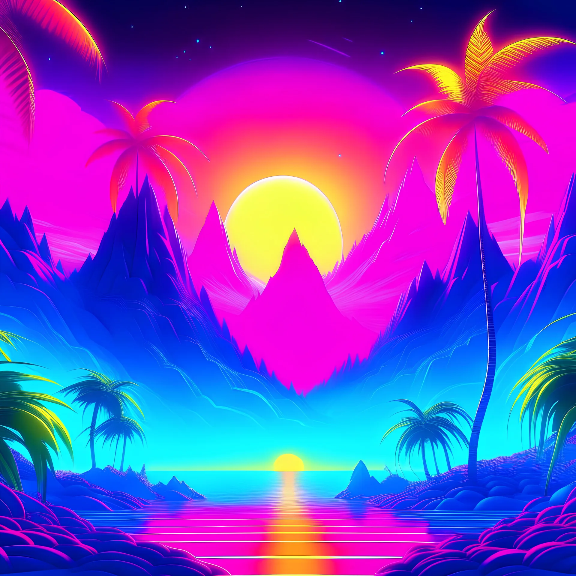 the bbok of eden , vaporwave pictures style, with neon lights and the sun far away