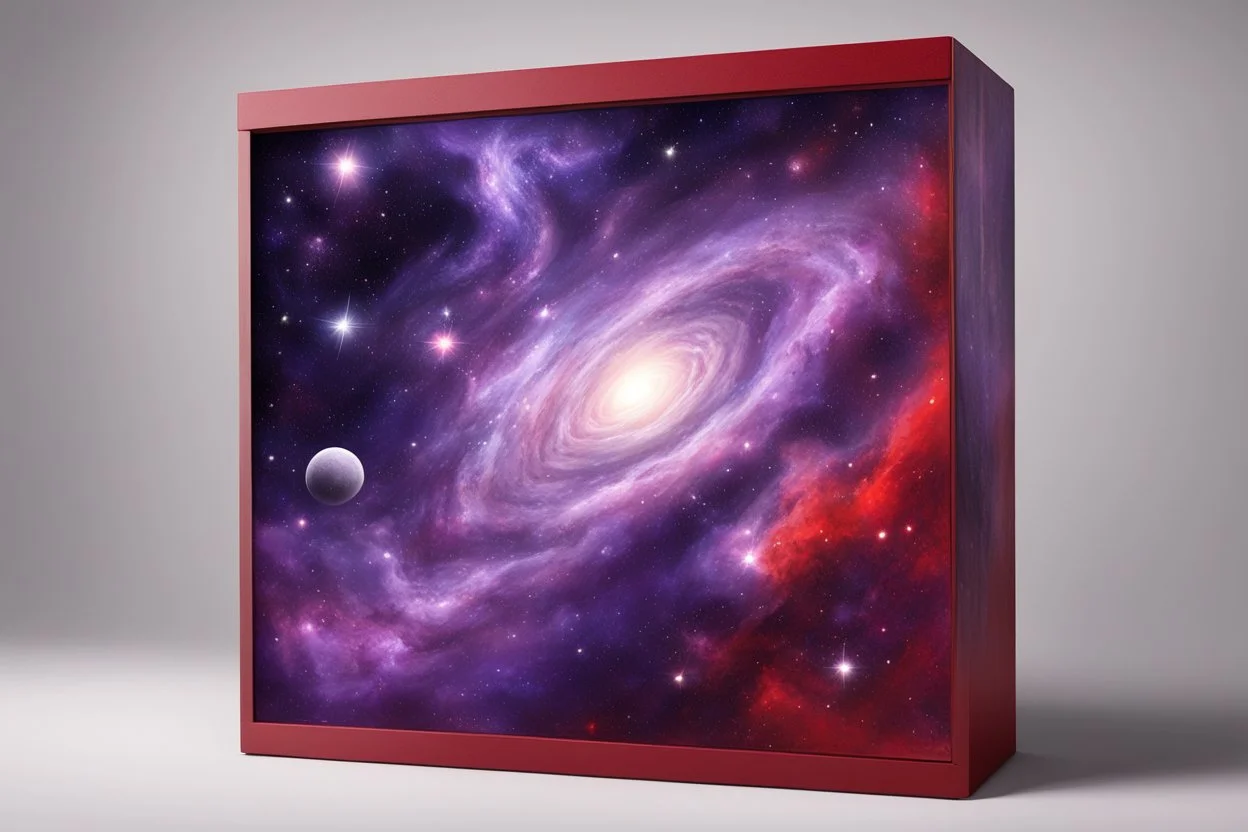 beautiful paintings of purple space, galaxies on red rectangular box, very realistic