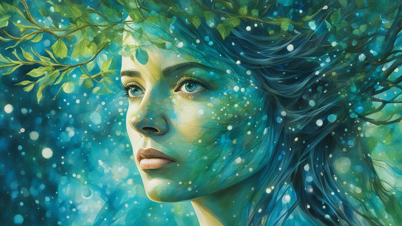 gouache, woman tree glare, sparkles, blue, green, clear lines, detail, fine rendering, high resolution, 4K, photorealism, precise focus, double exposure, fantasy,