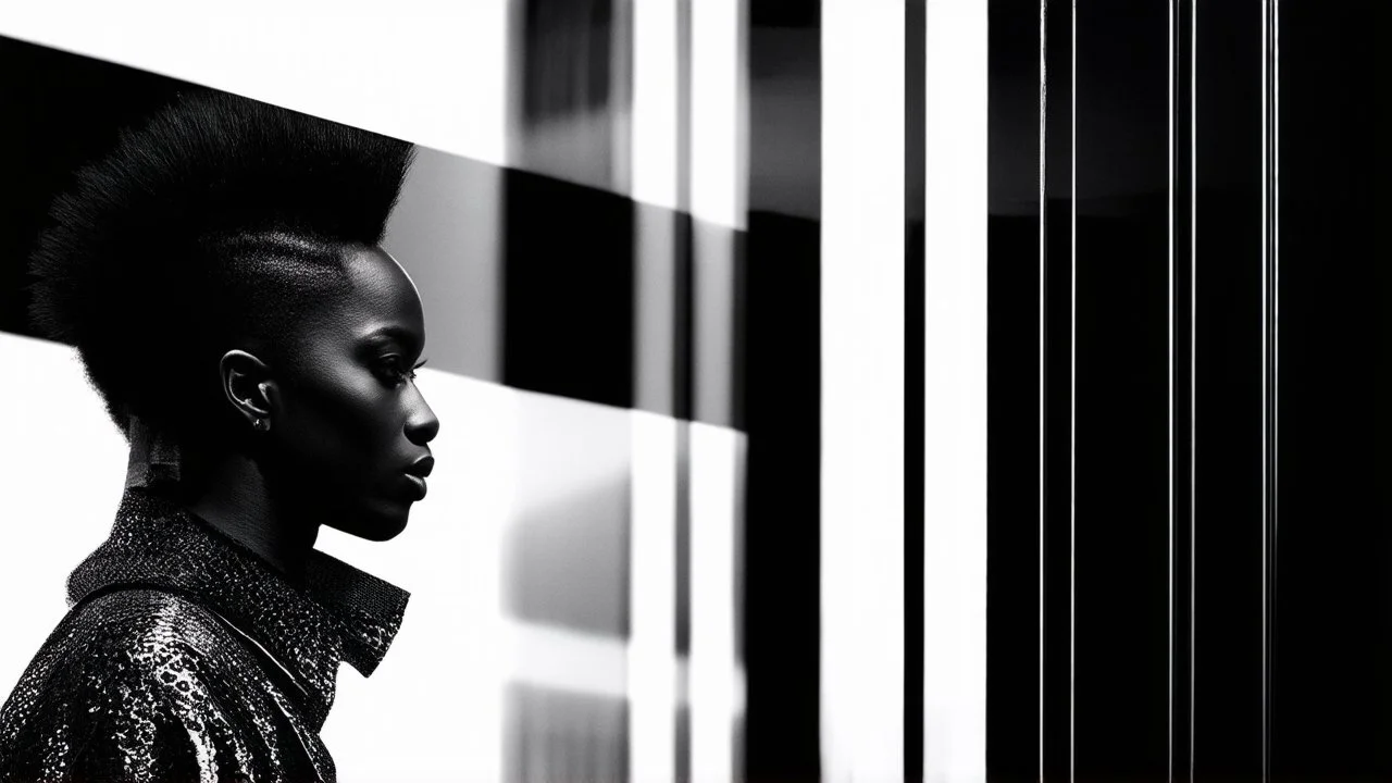 split image; left image: acrylic minimal of an african cyberpunk wizard with mohawk; right image: shadows cast on wall of black glass slabs; overheat, dramatic, cinematic, sudden jolt dynamics, cyberpunk wear, afro-futurism, sharp shadows, harsh contrasts, great verticals, great parallels, great reflections, unsettling shadows, surreal futurist architecture art, surreal liminal space, tribal style, tribal vibe, tribal patterns, vivid black colors