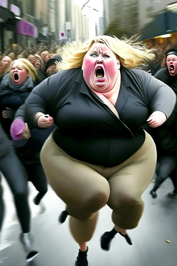 an obese terrified blonde white woman crying and sobbing in a pant suit desperately running away from an angry mob of thousands of all black people chase her down a city street