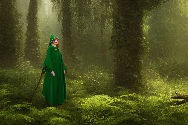 green robed blindfolded elf in forest hiding behind a tree, highly detailed, 8k, atmospheric lighting, trending on artstation